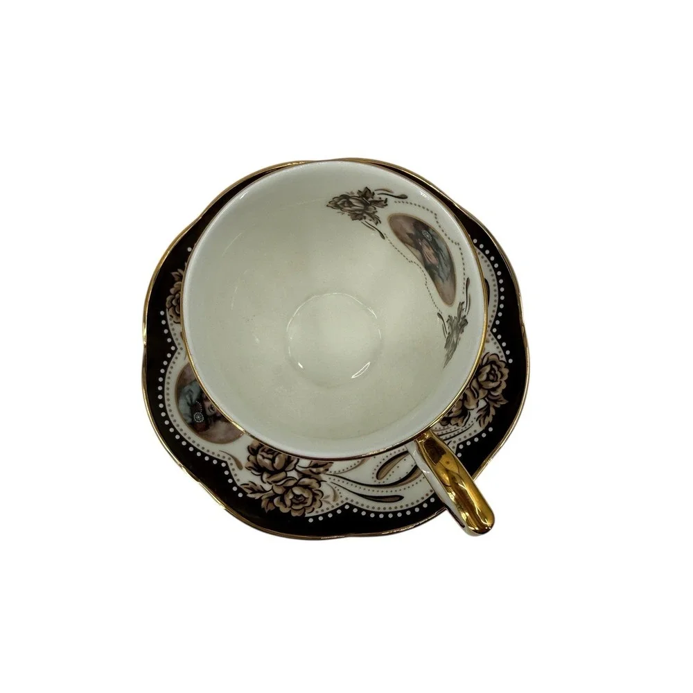 Avon Honor‎ Society 1999 Teacup Saucer Black Gold Floral Victorian Lady Set